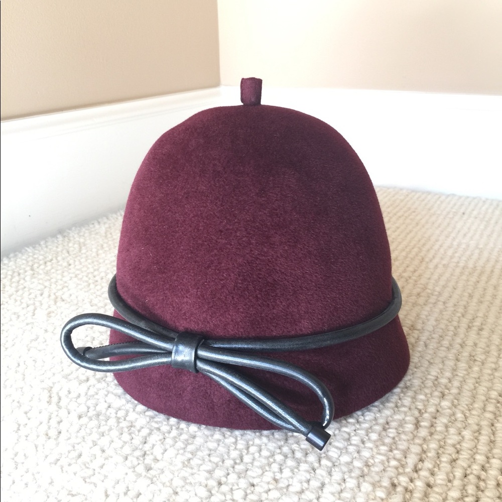 Burberry Burgundy Wool Cloche Hat with Black Bow Trim